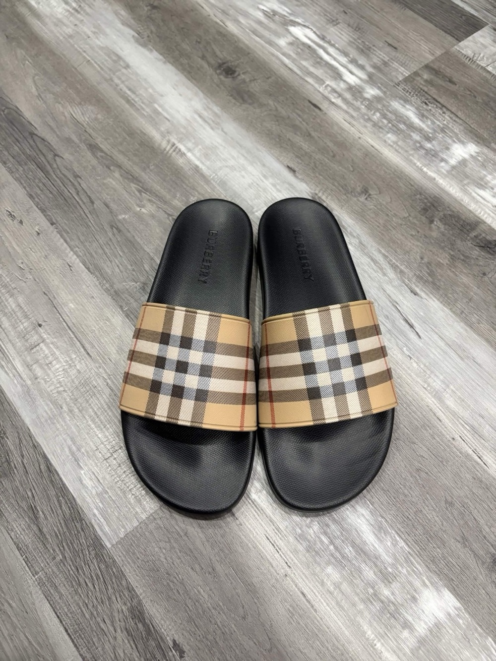 Burberry Black N Beige Plaid Slides